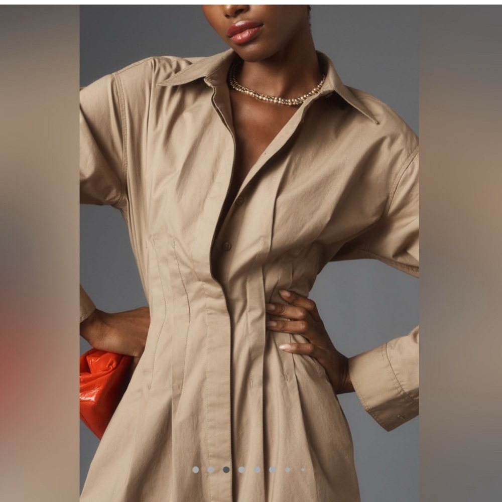 NEW Anthropologie Pilcro Pintuck Mini Shirt Dress Khaki Beige Small Button Front - Picture 15 of 15